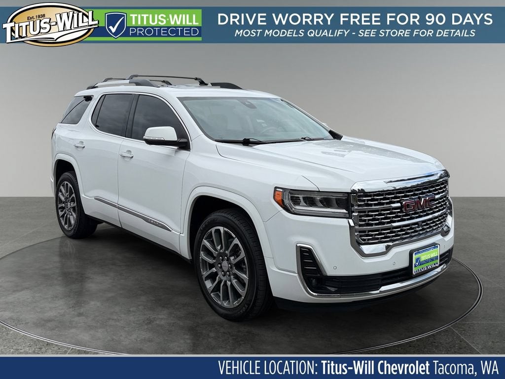 2022 GMC Acadia Denali in Summit White — front three-quarter view
