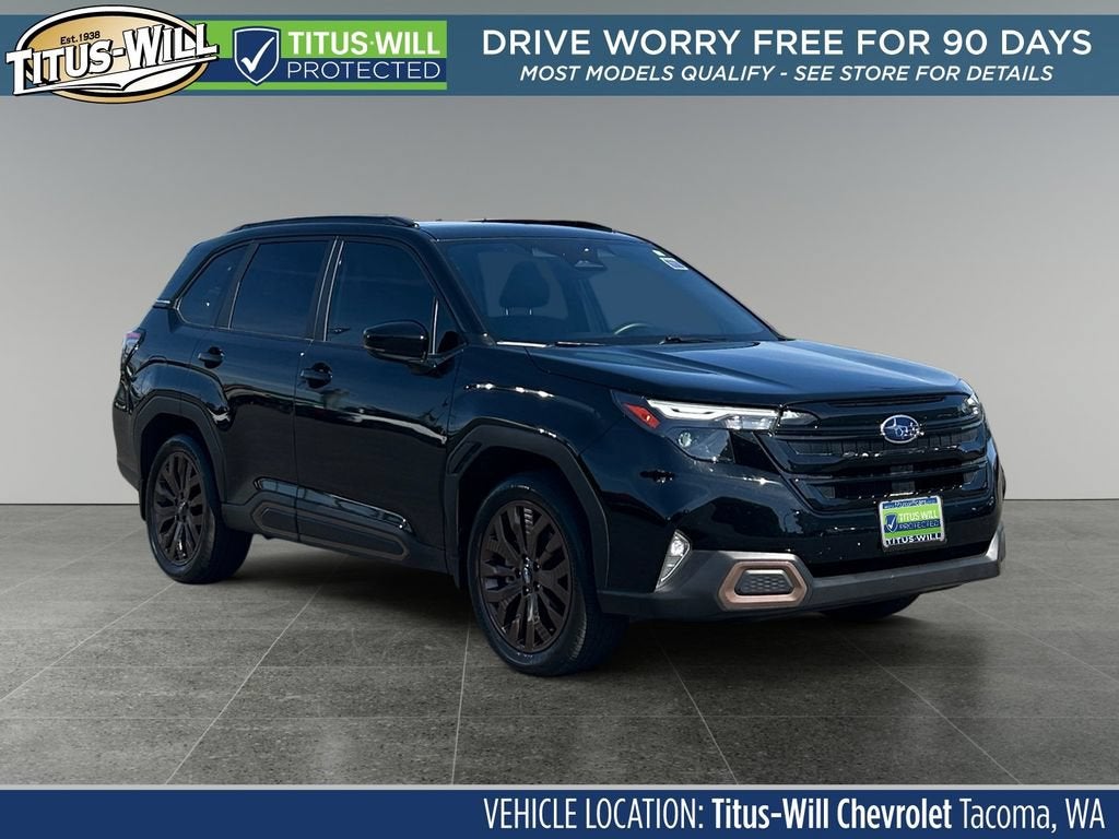 2025 Subaru Forester Sport in Black — front three-quarter view