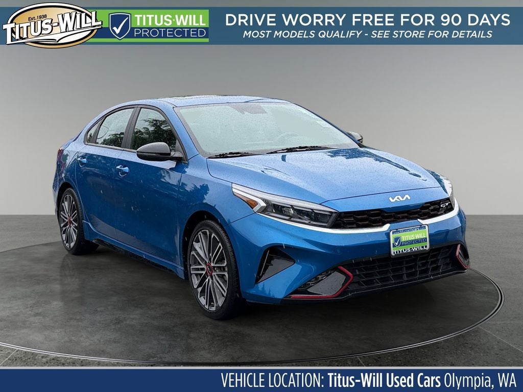 2023 Kia Forte GT in Sporty Blue — front three-quarter view