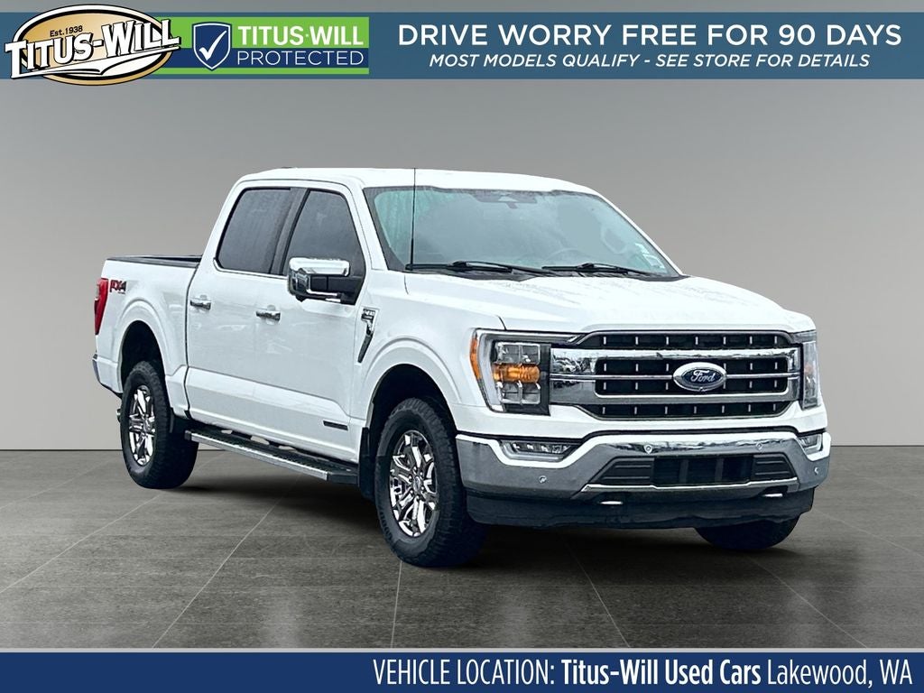 2023 Ford F-150 Lariat in White Metallic — front three-quarter view