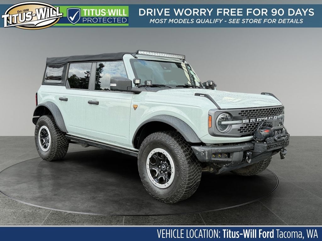 2021 Ford Bronco Badlands in Cactus — front three-quarter view