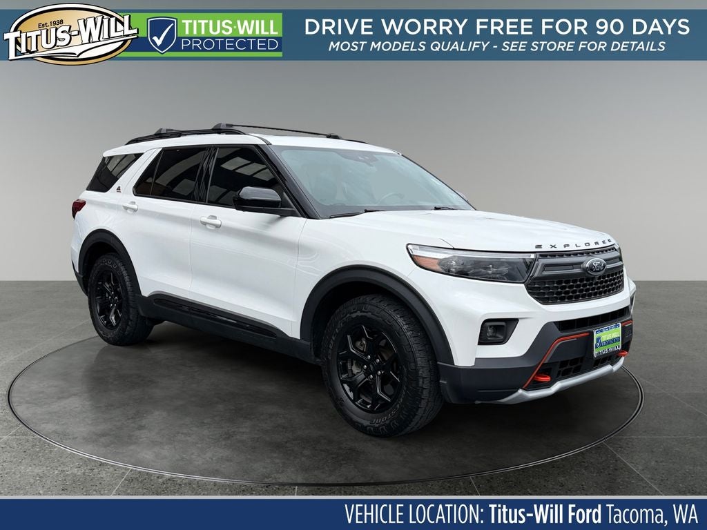 2023 Ford Explorer Timberline in White Metallic — front three-quarter view