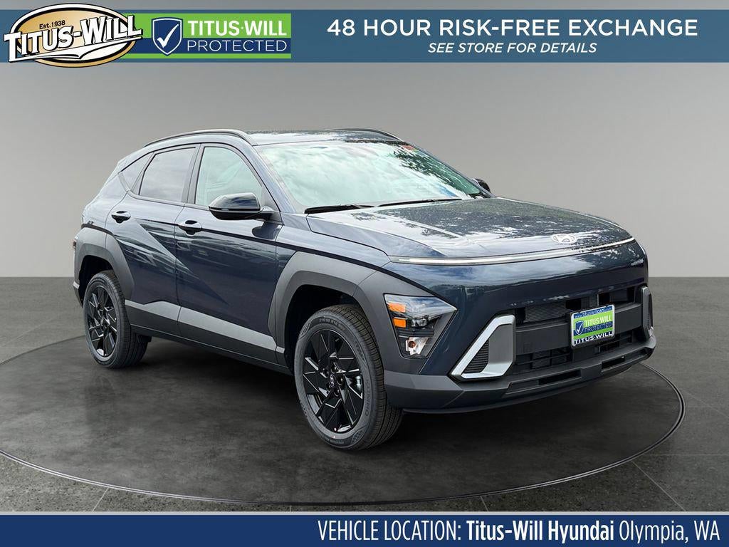 2026 Hyundai KONA SEL Sport AWD in Denim Blue Pearl — front three-quarter view