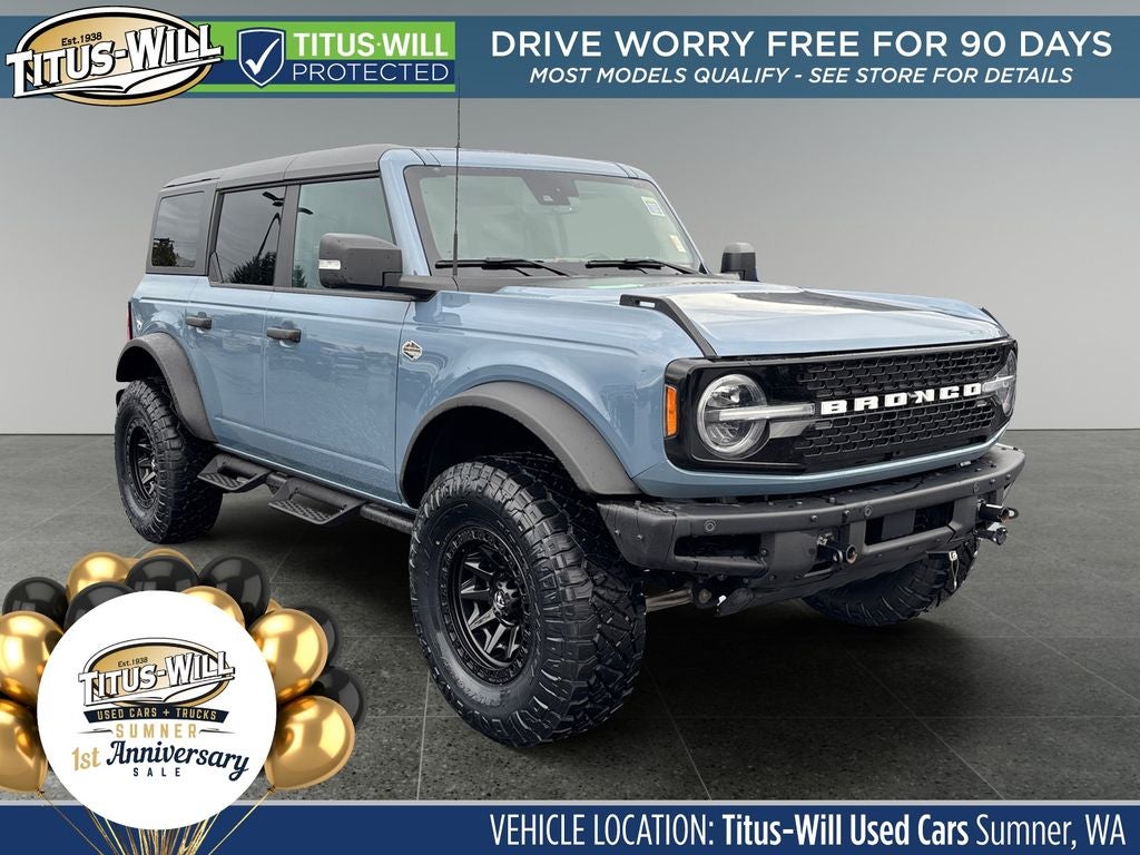 2024 Ford Bronco Wildtrak in Azure Gray Metallic — front three-quarter view